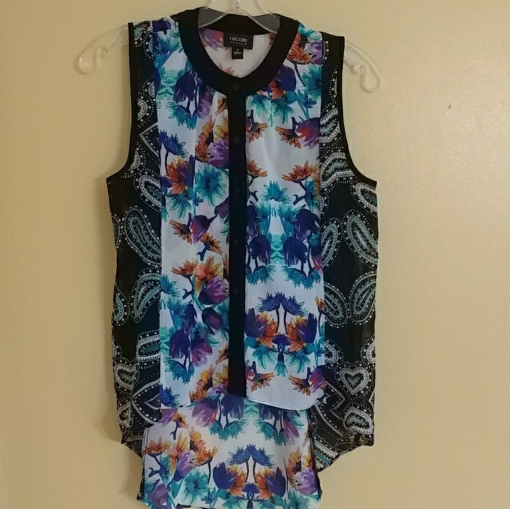 NICOLE MILLER Sleeveless High-low Floral Paisley Top S